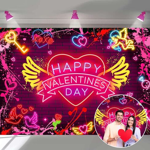 Happy Happy Valentine's Day Banner Backdrop 7x5ft Neon Red Graffiti Paint Heart Valentines Day Photography Background Valentines موضوع رومانسي رومانسي للزخارف الحزب لافتة (7x5ft (82 × 59 بوصة) in Kuwait