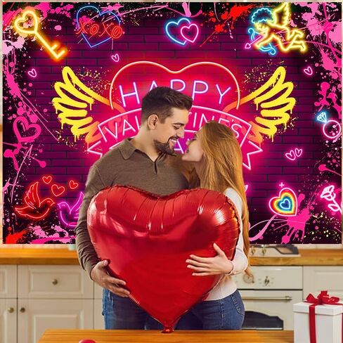 Happy Happy Valentine's Day Banner Backdrop 7x5ft Neon Red Graffiti Paint Heart Valentines Day Photography Background Valentines موضوع رومانسي رومانسي للزخارف الحزب لافتة (7x5ft (82 × 59 بوصة) in Kuwait