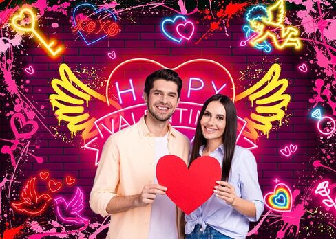 Happy Happy Valentine's Day Banner Backdrop 7x5ft Neon Red Graffiti Paint Heart Valentines Day Photography Background Valentines موضوع رومانسي رومانسي للزخارف الحزب لافتة (7x5ft (82 × 59 بوصة) in Kuwait