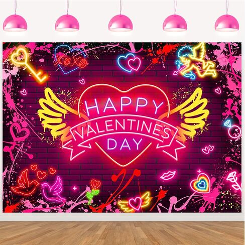 Happy Happy Valentine's Day Banner Backdrop 7x5ft Neon Red Graffiti Paint Heart Valentines Day Photography Background Valentines موضوع رومانسي رومانسي للزخارف الحزب لافتة (7x5ft (82 × 59 بوصة) in Kuwait
