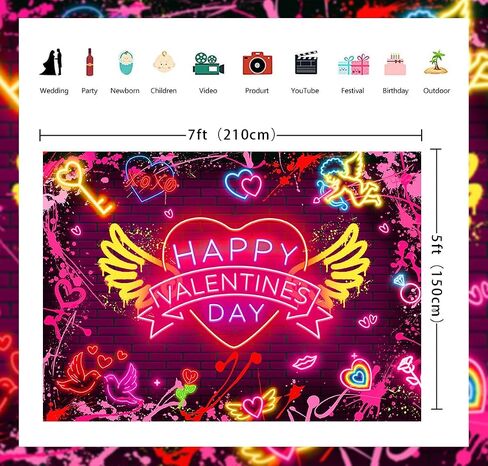 Happy Happy Valentine's Day Banner Backdrop 7x5ft Neon Red Graffiti Paint Heart Valentines Day Photography Background Valentines موضوع رومانسي رومانسي للزخارف الحزب لافتة (7x5ft (82 × 59 بوصة) in Kuwait