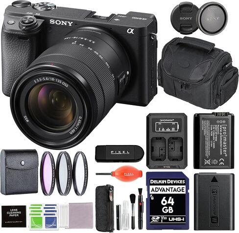 كاميرا Sony A6400 بدون مرآة مع حزمة عدسة 18-135 مم F/3.5-5.6 مع بطاقة SD 64GB + أكثر | Alpha 6400 E-Mount APS-C Sensor Black in Kuwait