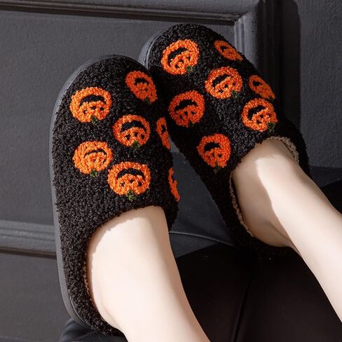 Halloween Pumpkin Slippers for Women Men Girl Warm Slides Cozy Fluffy Plush Fuzzy Skull Spider Indoor Outdoor Shoes in Saudi Arabia
