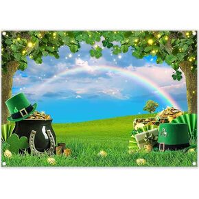 7x5ft Polyester St. Patrick's Day Photography Backdrop Lucky Irish Shamrock Grassland Gold Coins Rainbow Background Baby Shower Party Decorations Photo Booth Banner