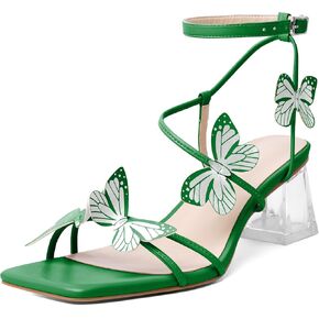 Zamikoo Women's Butterfly Heels, Open Toe Ankle Strap Block Heel Sandals, Square Toe Strappy Chunky Low Clear Heeled Sandals Matte Green 2 Inches US Size 9