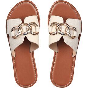 Verdusa Women's Open Toe Chain Flat Sandals Faux Leather Summer Slippers Slip on Slides