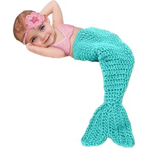 Jastore Newborn Photography Prop Mermaid Outfit Baby Photo Props Handmade Crochet Outfit Baby Costume Set Headband