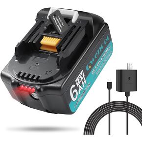 Replacement for Makita 18V Battery 6.0Ah with 65W Type-C Output/Input Port, Compatible with Makita 18V Lithium Ion Battery BL1860B BL1850B BL1840B BL1830B for Makita 18v Tools, with Charger and Cable