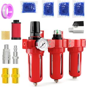 1/4" NPT 3 Stage Aluminium Air Drying System,Coalescing Filter, Particulate Filter, Desiccant Dryer and Air Regulator, Manual Drain, Mid Flow, For Plasma Cutter and Paint Spray