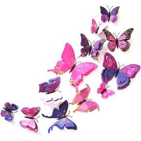 24PCS 3D Butterfly Wall Decal Double Wings Removable Refrigerator Magnets Stickers Decor for Kids Room Decoration Home and Bedroom Art Mural Purple