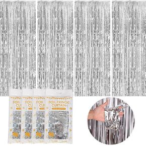 4 Pack Silver Foil Fringe Backdrop, Party Streamers Curtain, 3.3ft x 6.6ft Shiny Tinsel Curtains for Party, Theme Party, Birthday, Wedding, Graduation, Christmas.