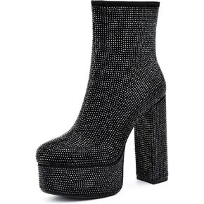 Women's Platform Ankle Boots Round Toe Zipper Rhinestone Sparkly Glitter Boots Chunky High Heel for Party Dress Halloween Cosplay
