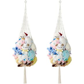 Tioncy 2 Sets Stuffed Animal Storage Organizers Stuffed Animal Hammock Corner Ceiling Hanging Net Macrame Toy Display Plush Toy Holder Wall Mounted for Bedroom Playroom