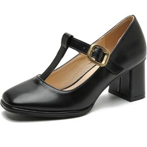 Womens T-Strap Vintage Heels Mary Jane Dress Shoes Block Chunky Heels Office Work Pumps Black Matte 46 US 12