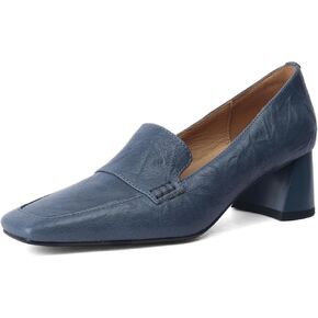TinaCus Women's Genuine Leather Retro Square Toe Handmade Chunky Heel Loafers Pumps Shoes