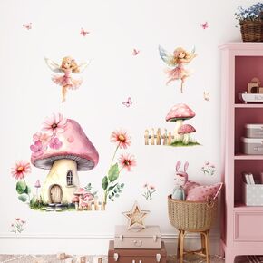 Tanlaby Fairy Pink Mushroom Wall Decals Daisy Flowers Butterfly Elf Wall Stickers Peel and Stick Art Decor for Girls Bedroom Baby Nursery Kids Toddler Playroom