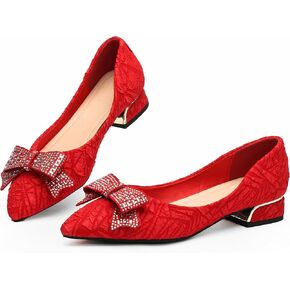 Women's Chunky Low Block Heels Closed Pointed Toe Pumps Bow Slip-On Work, Party, or Everyday Dress Shoes