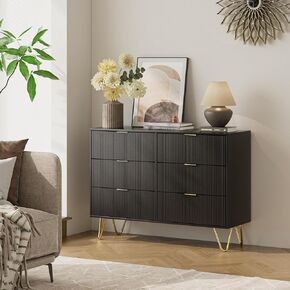 Masupu 6 Drawer Dresser, Modern Drawer Chest, Wide Storage Dresser Chest Cabinet Organizer Unit with Metal Legs, Chest of Drawers for Bedroom, Living Room, Closet, Entryway, Black Stripe
