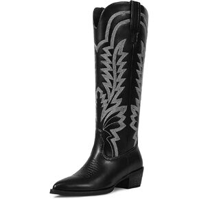 ISNOM Cowboy Boots for Women Knee High Cowgirl Boots with Classic Embroidered Pointed Toe Chunky Heel Pull On Fashion Retro Western Tall Boots