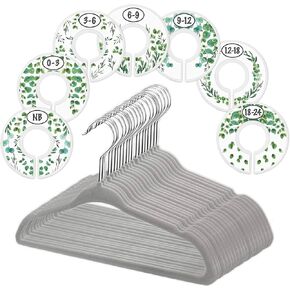 Baby Hangers and Closet Size Dividers - 7X Botanical Clothing Dividers with 20x Velvet Hangers for Baby Closets - Nursery Clothes Organizer - Eucalyptus Vines Leaf Plant Greenery Décor [Botanical]