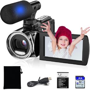 Video Camera Camcorder, 4K Camcorder 48MP 18X Digital Video Camera for YouTube 3.0'' 270 Degree Rotation Screen Video Recorder Vlogging Camera with Microphone and 32G Card