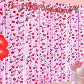2 Pack 3.2ft x 6.6ft Valentine's Day Love Metallic Foil Fringe Curtain, Pink Heart Tinsel Streamer Large Photo Booth Props Backdrops for Wedding, Anniversary, Engagement, Wall Door Party Decor