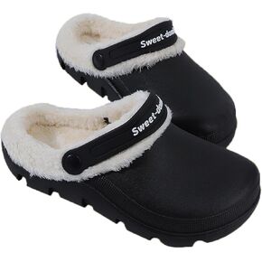 Garden Clogs Fuzzy for House : Women Men Warm Fur Lined Slippers for Winter Unisex Non-Slip Mules for Indoor Outdoor Black