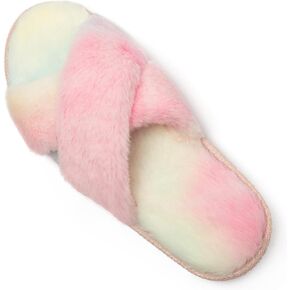katliu Women's Cross Band Furry Slippers Cozy Plush House Slippers Open Toe Soft Fuzzy Slippers Memory Foam Indoor Slippers