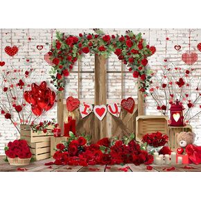 10x8ft Valentine's Day Photo Backdrop Wedding Bridal Shower Decoration Backdrop Brick Wall Red Rose Love Heart Background Banner F129