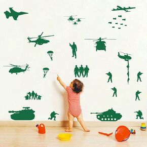 Army Tank Helicopter Wall Decors for Wall Solider Military Fighter Airplane Wall Stickers for Teens Boys Bedroom Kids Room Vinyl Decals (Army Green-JWH117)