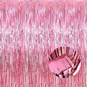 4 Pack Pink Foil Fringe Curtain Backdrop, 3.28Ft x 8.2Ft Metallic Tinsel Foil Fringe Streamer Curtains for Photo Booth Props, Birthday, Wedding, Valentine's Day Decoration Party Supplies