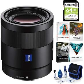 Sony Sonnar T FE 55mm F1.8 ZA Camera Lens with Software Suite, Cleaning Kit, and 64GB SD Card Bundle (4 Items)