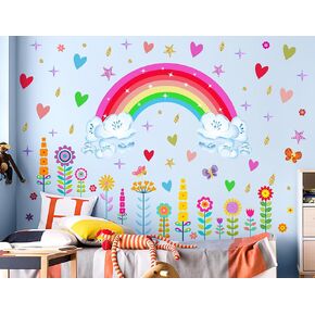 Removble Rainbow Wall Decals DIY Peel and Stick Rainbow Cloud Flower Wall Stickers Corlorful Rainbow Mural Art Decal for Baby Nursery Kids Room Living Room Wall Decor