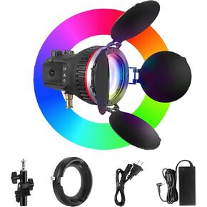 WELLMAKING RGB COB LED Video Light, 50W Bi-Color Bowens Mount Photography Lighting with Barn Door, Fresnel Lens and Swivel Mount with 5 Lighting Effects, Portable Light AC/DC with 3000K~6000K CRI 95+
