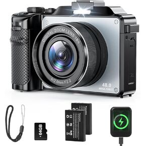 4K Digital Camera for Photography and Video Auto-Focus, 56MP Anti-Shake Vlogging Camera with 18X Digital Zoom, Flash 2 Batteries and Battery Charger, Silver