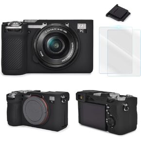 Camera Accessory Kit Compatible with Sony Alpha 7C II-Silicone Protective Case[Black]&LCD Screen Protector[2 Packs]&One Hot Shoe Cover