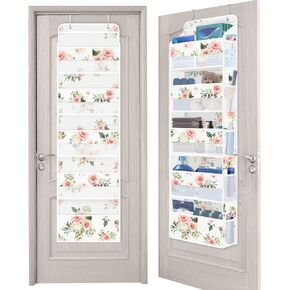 Clastyle White Flower Over the Door Organizer with 5 Large Pockets Rose Nursery Hanging Storage Organizer for Adult Clothes Diaper Toy Closet Door Hanging Shelf Storage for Bedroom Bathroom Pantry