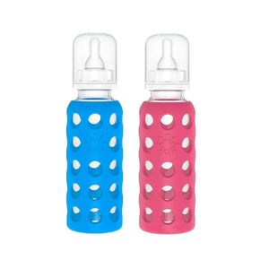 Lifefactory Glass Baby Bottles with Silicone Protection - 2-Pack, 9 oz Bottles, Cobalt Blue & Raspberry