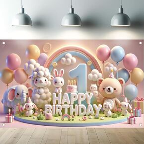 Happy 1st Birthday Party Backdrop Pastel Animal 1 Year Old Happy Birthday Banner with Rainbow Balloons Cake Decorations for Baby Photography Background Photo Booth Props Decor 71 x 43 Inch