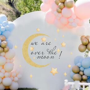 We Are Over The Moon About You Decal Sign，Gender Reveal Party Decal Sign，Moon And Star Themed Balloon Arch Backdrop Decal，Over The Moon Baby Shower Backdrop Sign，Baby Room Decorative Wall Decals Decor