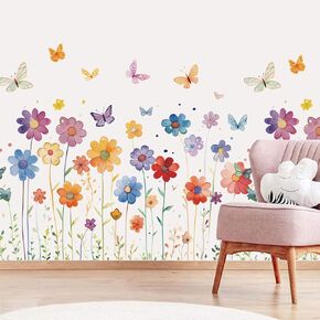 Boho Flower Wall Decals for Girls Daisy Butterfly Flower Wall Stickers Vintage Flower Plant Peel and Stick Wall Murals Art for Bedroom Living Room Nursery Classroom Wall Decor FX-C434