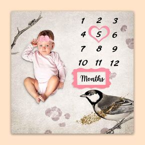 Baby Monthly Milestone Blanket, Vintage Bird Branch Wildlife Growth Chart Blanket Baby Pictures, 47"x47" Photography Backdrop 1 to 12 Months Include 4 Frames, 1 Headband, BTXTPH276