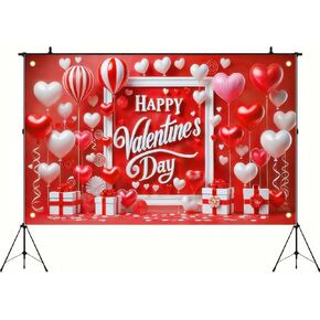 Happy Valentine's Day Banner 71x43in Valentines Day Backdrop Colorful Red Love Heart Balloon Ribbon Party Decorations Photography Romantic Banner Valentine Party Wedding Decor