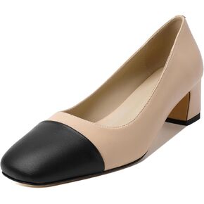 Zamikoo Cap Toe Shoes for Women, Block Heel Square Toe Slip On Chunky Low Heel Pumps, 2 Inches Genuine Leather Two Toned Shoes