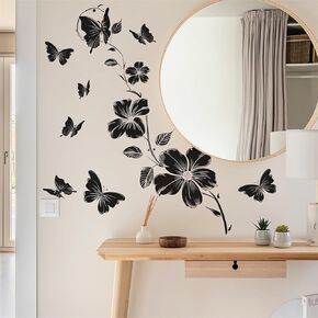 Black Flower Butterfly Vine Wall Stickers, sacinora Simplicity Floral Art Wall Decals Removable Vinyl Peel and Stick for Bedroom Kitchen Cabinet Nursery Home Decorations