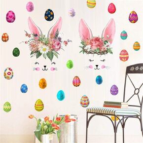 Mendom 2 Sheets Easter Bunny Wall Decals, Removable Easter Eggs Wall Stickers for Girls Kids Bedroom Nursery Home Party Ornaments
