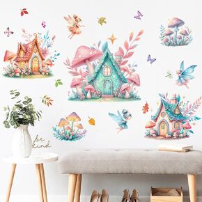 Woodland Mushroom House Wall Decals Colorful Fairy Butterflies Wall Stickers Removable Vinyl Garden Plant Grass Flower Peel and Stick Wallpaper for Kids Baby Bedroom Nursery Home Decoration 91