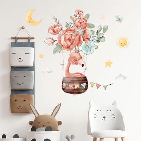 Cute Baby Flamingo Flower Hot Air Balloon Wall Stickers, sacinora Sun Moon and Star Cartoon Animal Wall Decals Removable Vinyl Peel and Stick for Kids Baby Nursery Bedroom Art Decorations