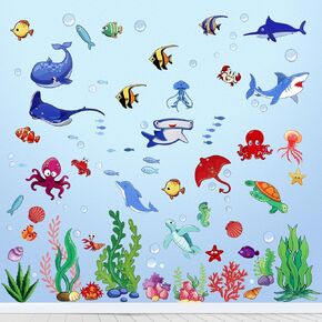 4 Sheets Under The Sea Wall Decals, Peel and Stick Ocean Fish Wall Stickers Removable Marine Animal Wall Stickers Waterproof Sea Life Wall Decals for Nursery Bathroom Bedroom Living Room Decor