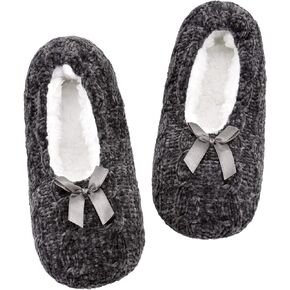 DICUIRD Womens Thick & Warm Slipper Socks with Grippers -Chenille Bow Fuzzy House Slippers
